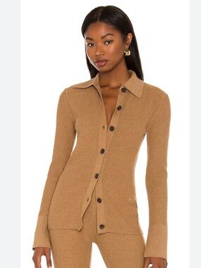 Frame Slim Rib Cardi Tan Cardigan in Cafe Au Lait